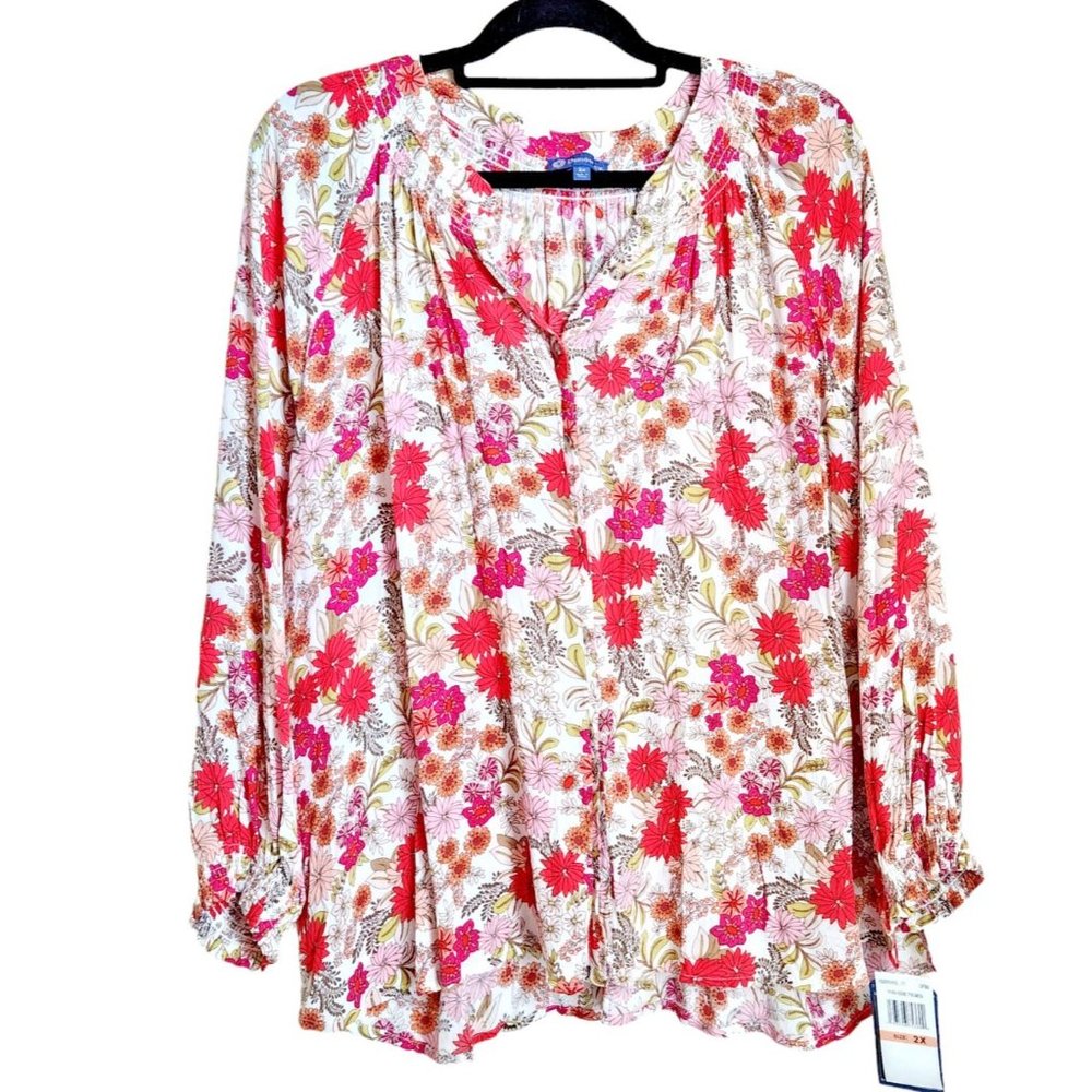 Democracy Floral Peasant Blouse in White, Red, Pink